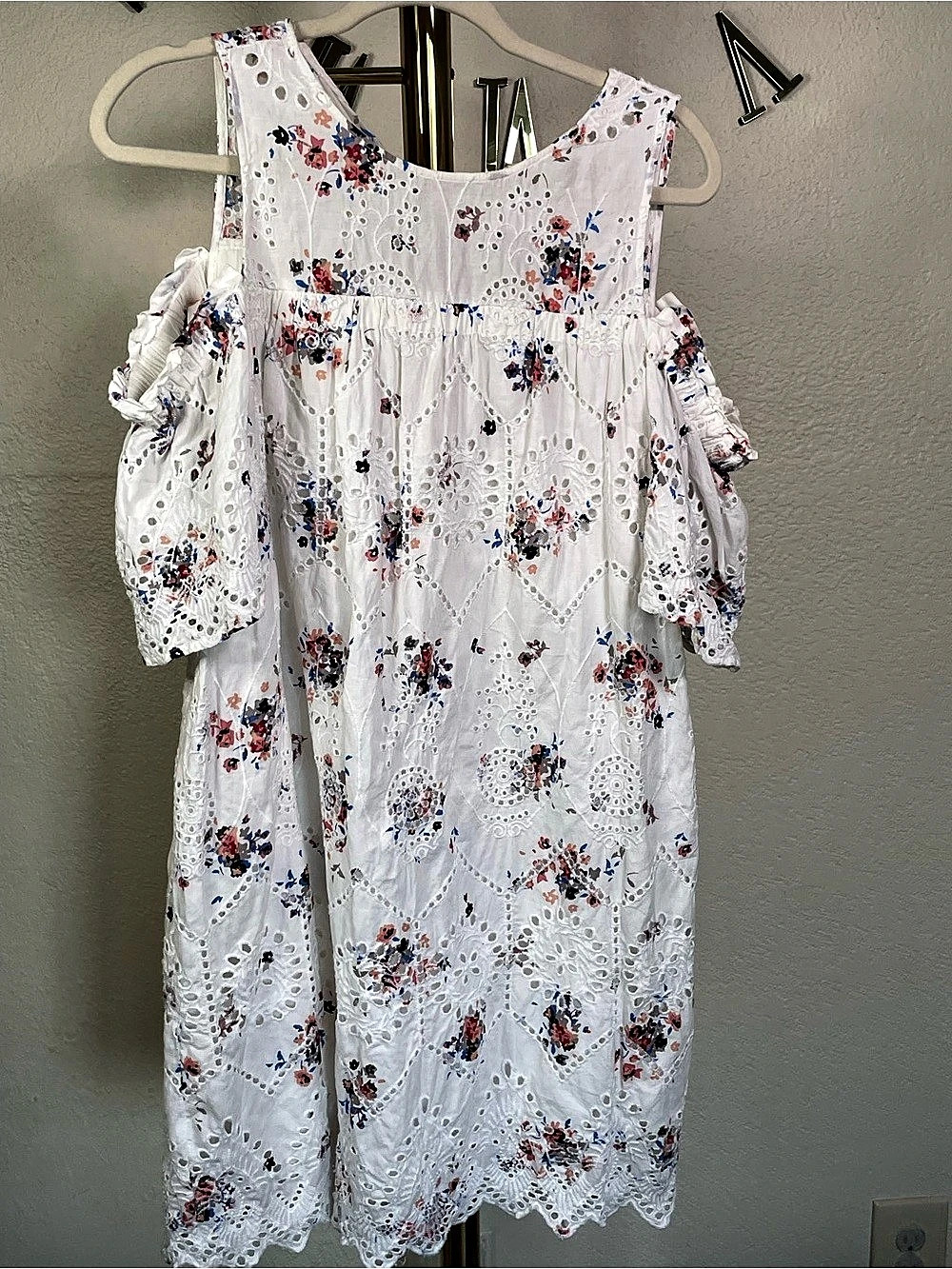 LOFT Floral Eyelet Cold Shoulder Dress Midi Dress in White & Blue